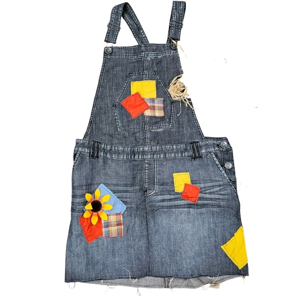Womens Juniors XL Sexy Scarecrow Denim Dress Overalls Jumper Bibs Patches - Picture 2 of 11